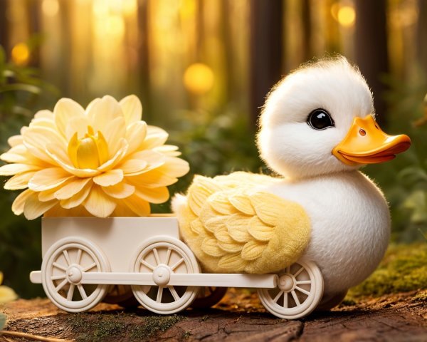 Fluffy Duckling in Toy Cart Surrounded by Daisies