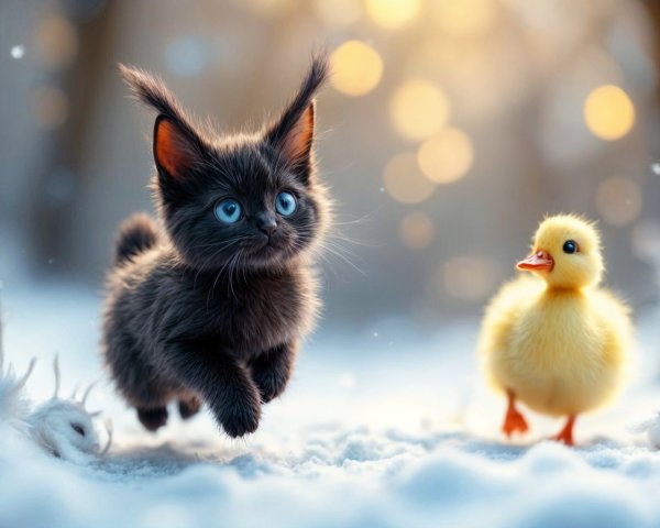 Black Kitten and Duckling in a Snowy Wonderland