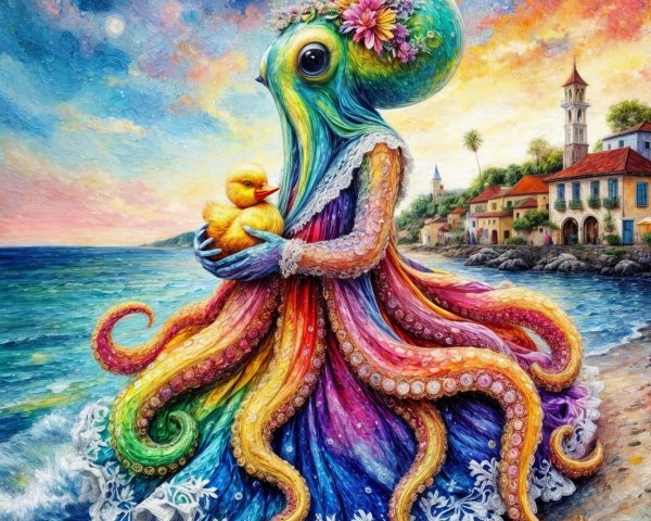 Colorful Octopus in Rainbow Gown by Coastal Town Sunset