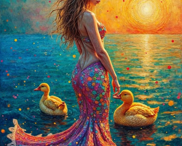 Woman in Vibrant Dress by Sunset Water Scene