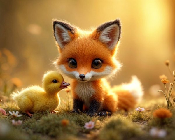 Orange Fox and Yellow Duckling in Sunlit Meadow