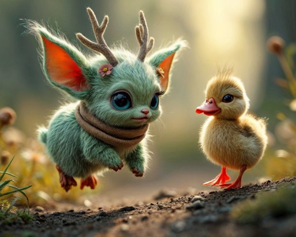 Whimsical Forest Scene with Cute Creature and Duckling