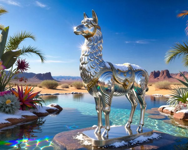 Silver Llama Statue Surrounded by Colorful Flora