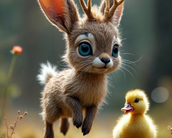 Whimsical Rabbit and Duckling in a Mossy Forest