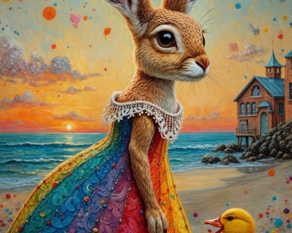 Whimsical Rabbit in Rainbow Dress at Sunset Beach