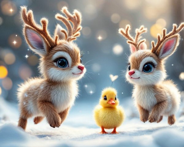 Fluffy Deer and Duckling in a Snowy Landscape