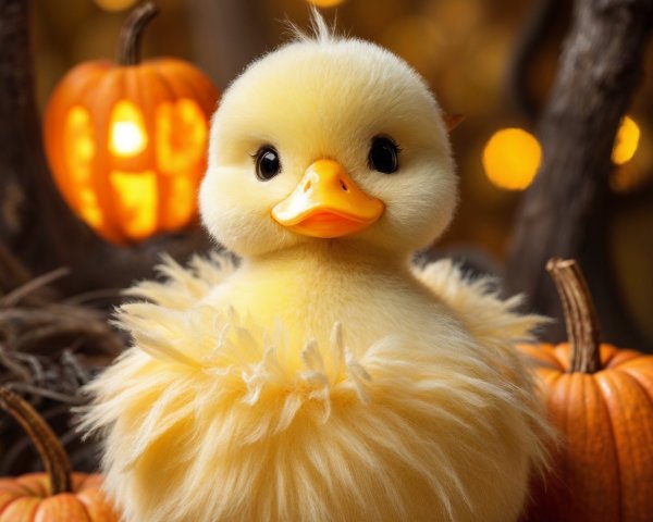 Cheerful yellow duckling among pumpkins and autumn leaves