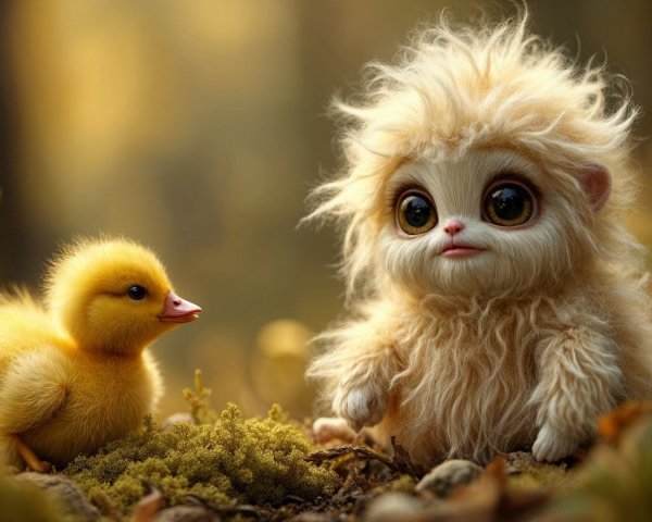 Fluffy Creature and Duckling in Whimsical Forest