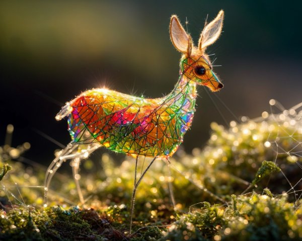 Colorful deer sculpture in a lush green landscape