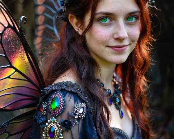 Young Woman with Iridescent Butterfly Wings and Jewels