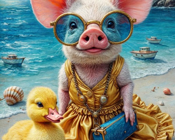 Whimsical Beach Scene with Piglet and Duckling