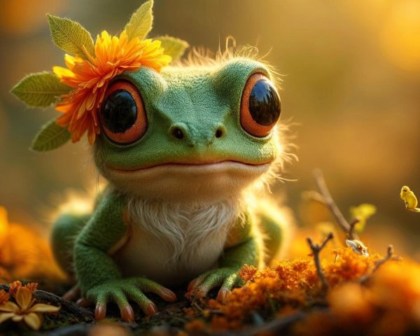 Whimsical Frog in Vibrant Autumn Foliage Scene