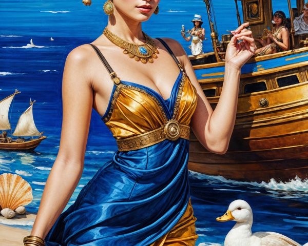 Young woman in blue gown on sunlit beach scene