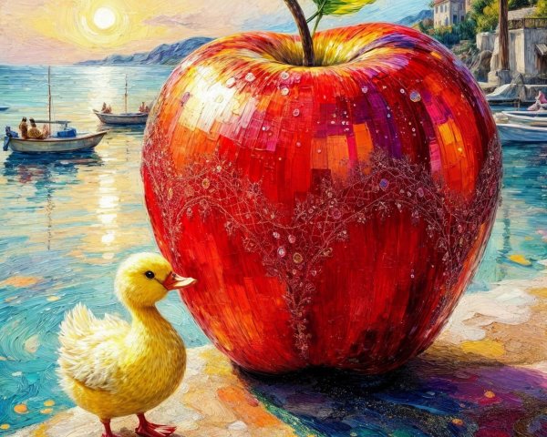 Red Apple and Yellow Duckling by Serene Waterfront