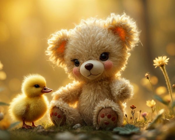 Teddy Bear and Duckling in Sunlit Forest Glade