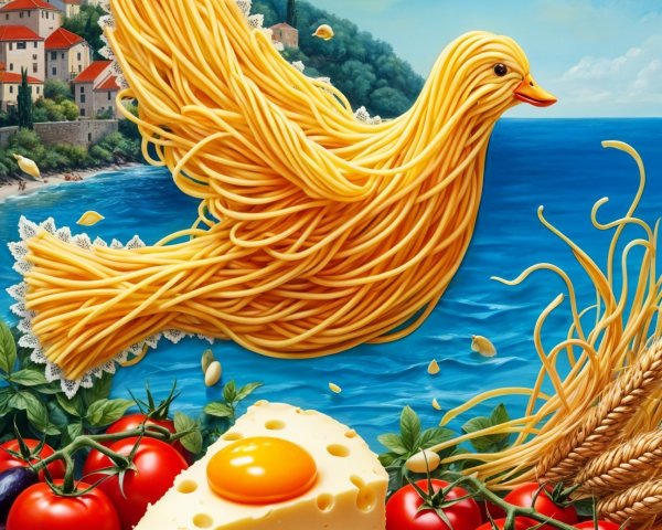 Golden Spaghetti Bird Over Colorful Food Landscape