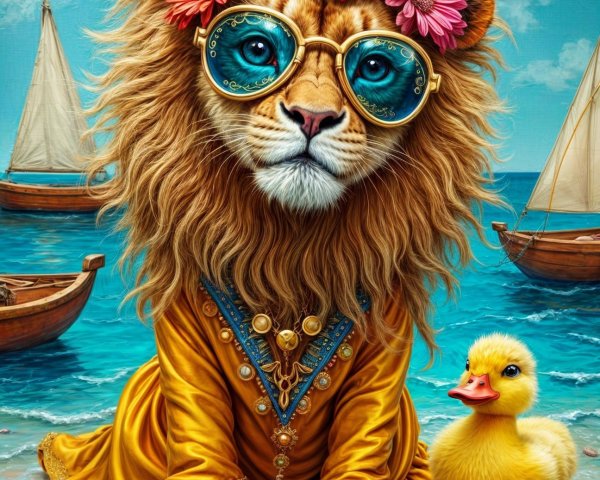 Lion in Floral Mane and Duckling at the Beach