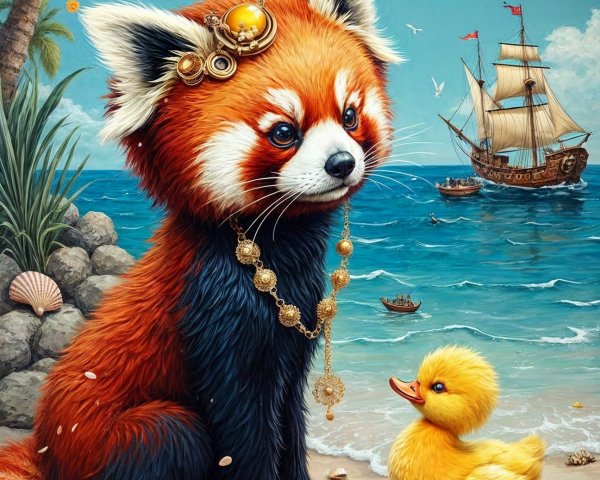 Red Panda with Jewelry and Duckling by the Ocean
