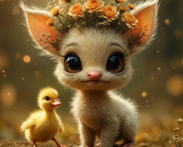 Whimsical Scene with Fluffy Creature and Duckling