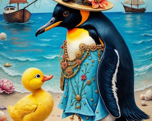 Fashionable Penguin and Duckling at a Beach Scene