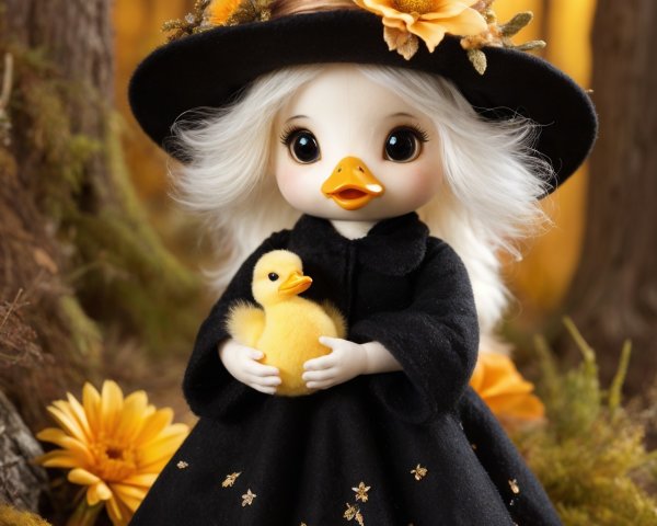 Charming Doll in Witch Hat with Autumn Background