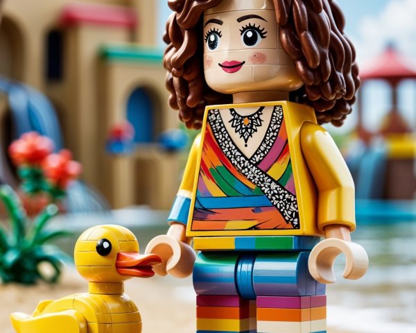 LEGO Figure on Beach with Duck and Water Park Background