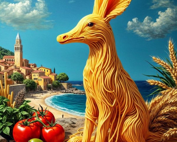 Pasta Dog Figure on Rocky Shore with Coastal Village