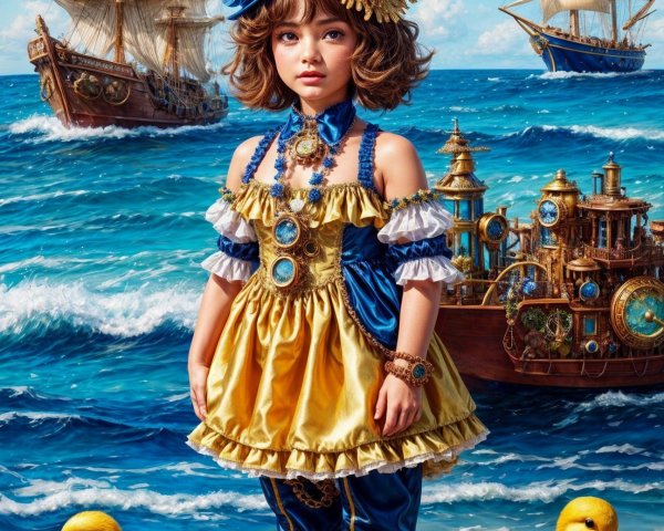 Young girl in colorful dress with ducks on beach