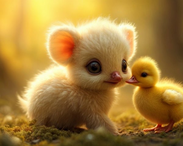 Fluffy Creature and Duckling in Sunlit Forest