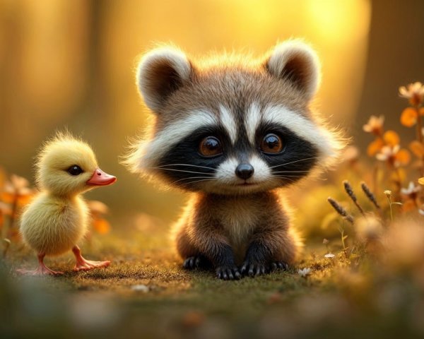 Raccoon and Duckling in a Sunlit Forest Setting