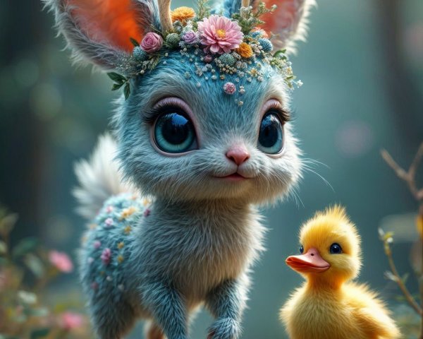 Whimsical Blue Creature with Duckling in Forest Scene