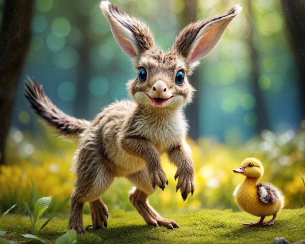 Whimsical Forest Scene with Furry Creature and Duckling