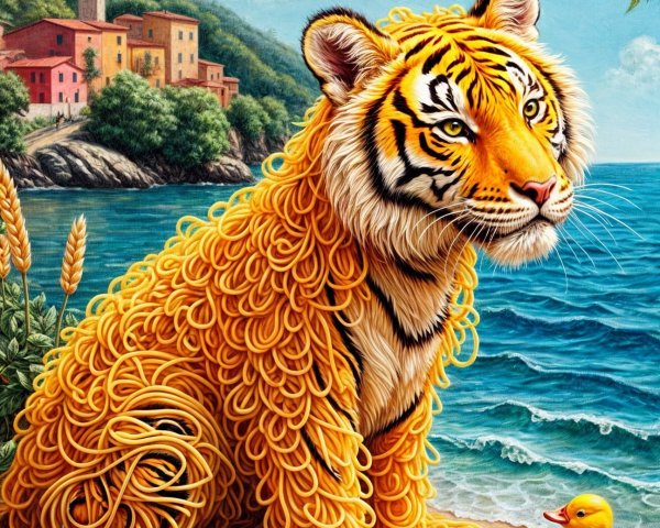 Tiger with Spaghetti Fur by Seaside Town Scene