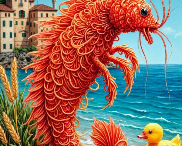 Giant Spaghetti Lobster on a Beach with Rubber Duck