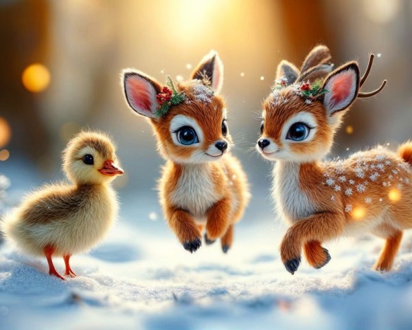 Winter Landscape with Fawn-like Deer and Duckling