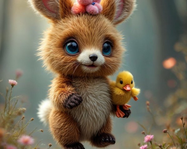 Fluffy Bunny-like Creature with Colorful Horns and Duckling