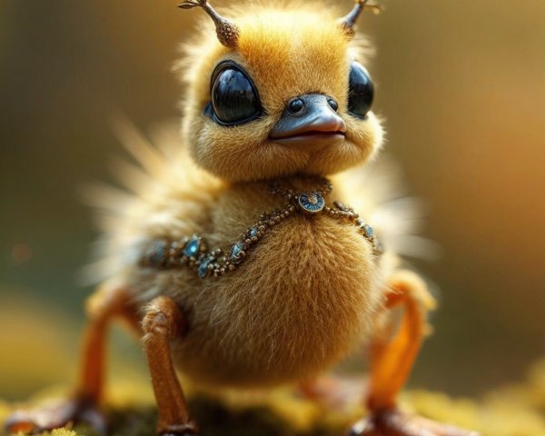 Whimsical Yellow Feathered Creature with Jeweled Necklace