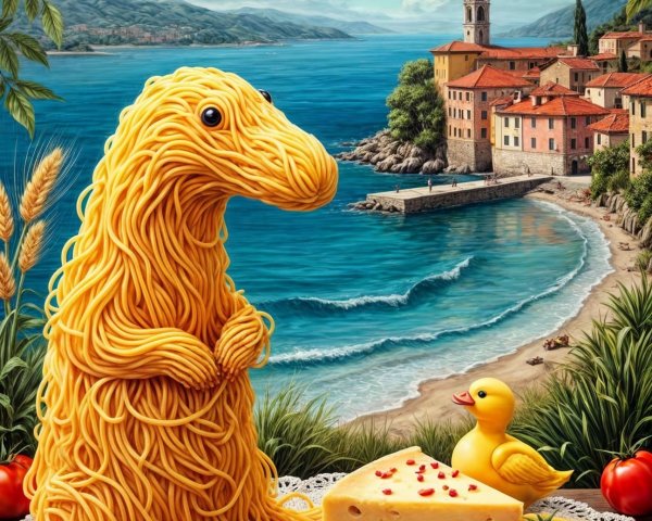 Dinosaur-Shaped Spaghetti Figure on a Beach Scene