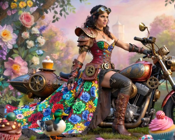 Steampunk Biker Woman on Motorcycle in Fairytale Garden