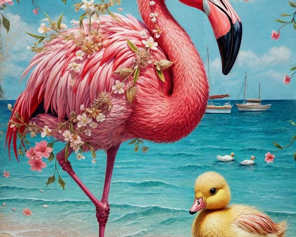 Vibrant Flamingo and Duckling on Sandy Beach Scene
