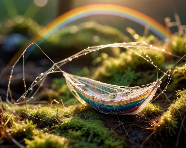 Colorful Hammock Structure Among Lush Greenery and Rainbow