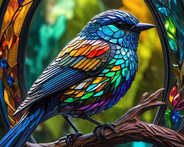 Vibrant Stained Glass Mosaic Bird on Dark Wood Branch