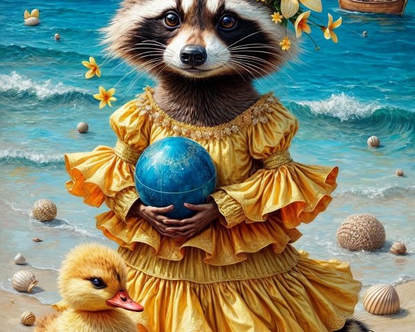 Whimsical Beach Scene with Raccoon and Duckling