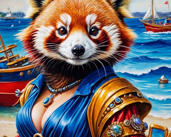 Whimsical Painting of Red Panda in Colorful Gown