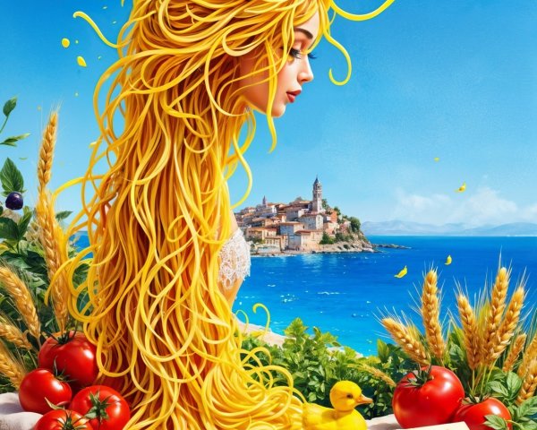 Whimsical Woman with Spaghetti Hair in Seaside Village