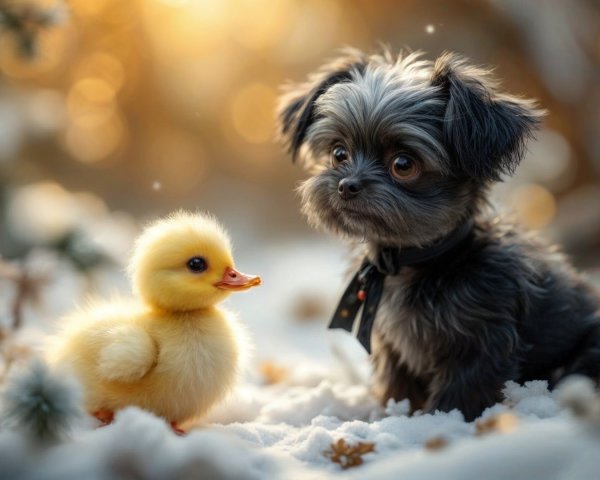 Fluffy Black Puppy and Yellow Duckling in Snowy Scene