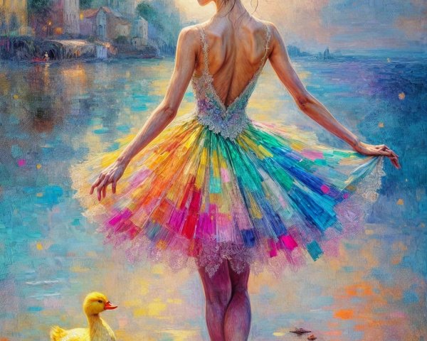 Ballerina by Water with Duck in Sunlit Scene