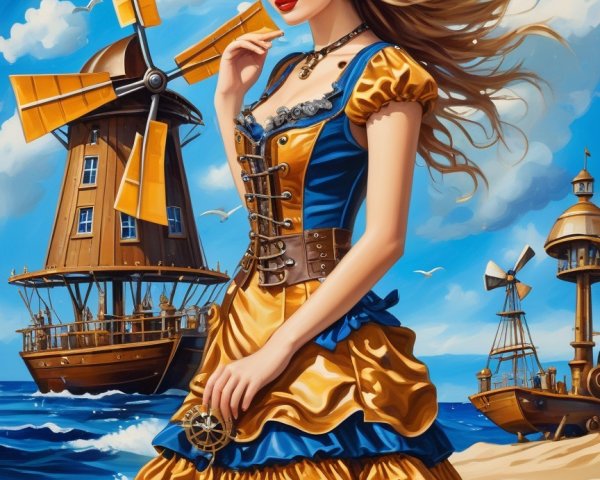 Steampunk Fashion in a Seaside Setting with Windmill