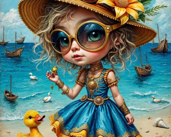 Whimsical Girl in Blue Dress at Sandy Beach Scene