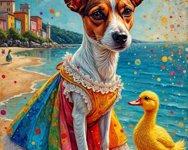Dressed-Up Dog and Duckling at Colorful Beach Scene